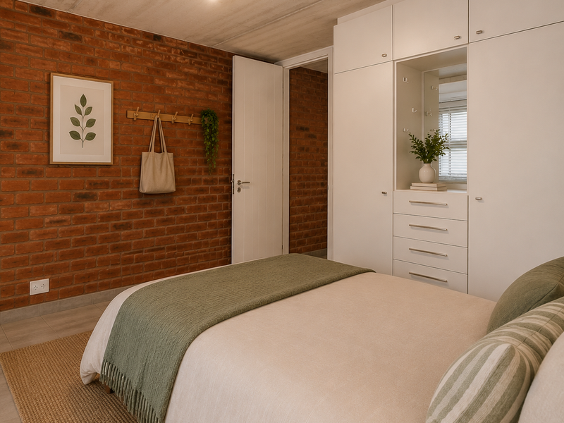 Modern bedroom featuring an exposed brick feature wall, exposed concrete ceiling, and extensive built-in white cabinetry with an integrated vanity mirror.
