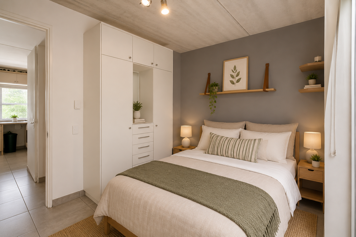 A well-maintained bedroom featuring a built-in wardrobe, exposed concrete ceiling, and neutral finishes, with an adjacent view into a secondary utility or kitchen space.