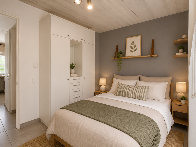 A well-maintained bedroom featuring a built-in wardrobe, exposed concrete ceiling, and neutral finishes, with an adjacent view into a secondary utility or kitchen space.