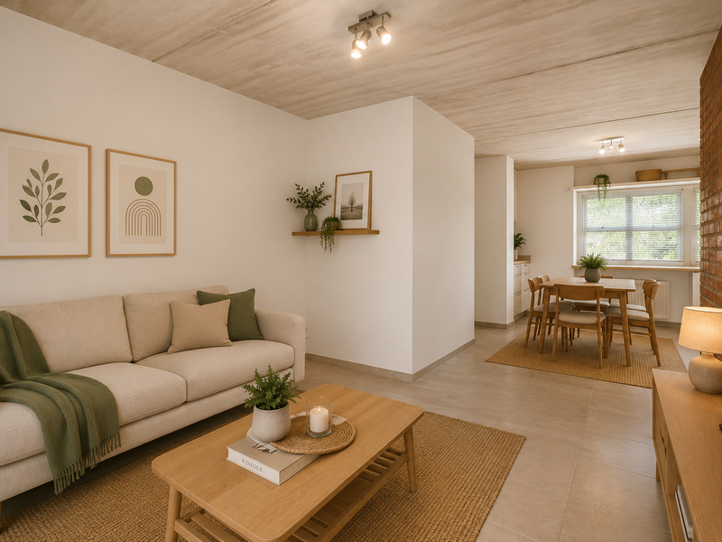 A bright open-plan living and dining area featuring an exposed concrete ceiling, a striking brick feature wall, and neutral tiled flooring throughout.