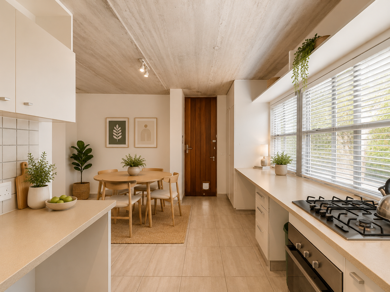 Modern open-plan kitchen and dining area featuring sleek cabinetry, a gas hob, built-in oven, tiled floors, and a unique exposed concrete ceiling.