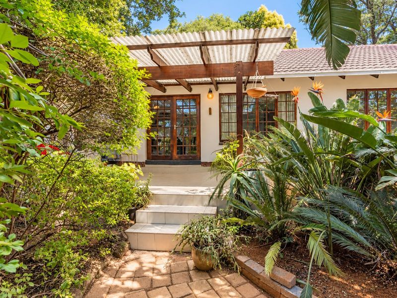 A charming outdoor patio area featuring tiled steps, a timber pergola with corrugated roofing, and classic timber-framed glass doors leading into the home.