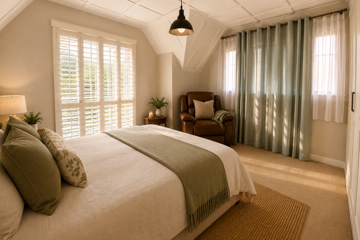 A well-appointed bedroom featuring a coffered ceiling, plantation shutters, and a built-in wardrobe, creating a warm and inviting atmosphere.