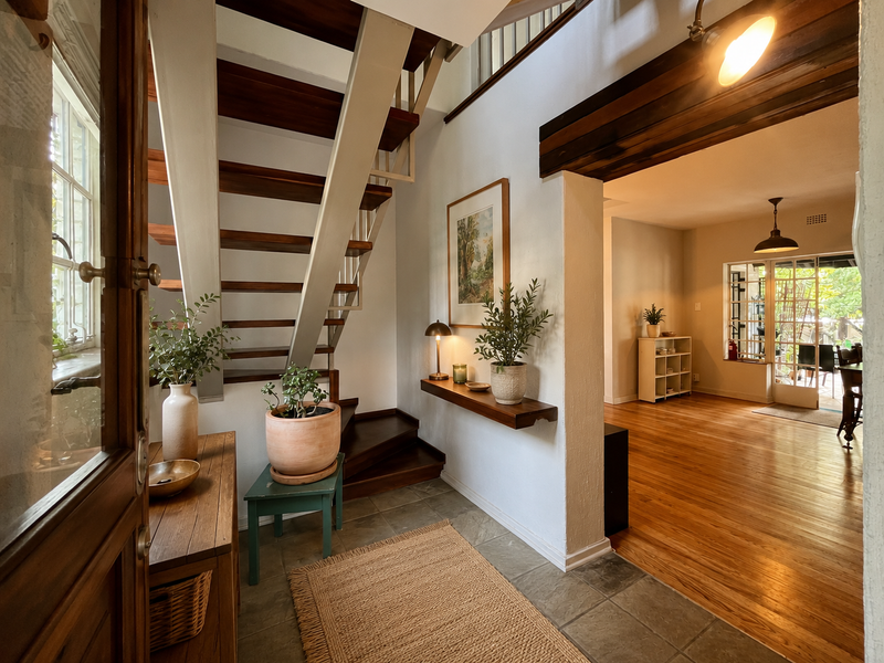 Welcoming entrance hall featuring an open-tread timber staircase, slate flooring, and a seamless transition into the adjacent living area with hardwood floors.