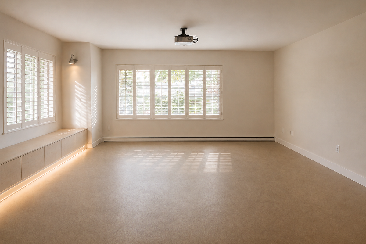 Spacious living room featuring plantation shutters, built-in cabinetry with integrated lighting, and a ceiling-mounted projector, offering a clean and versatile space.