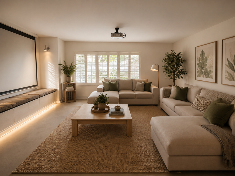 A well-appointed cinema room featuring a large projection screen, ceiling-mounted projector, built-in bench seating with integrated lighting, and plantation shutters.