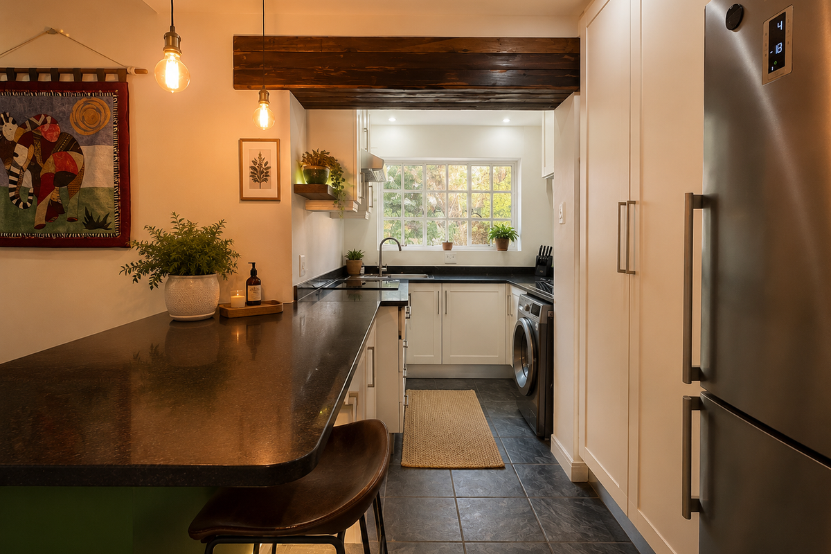 Modern kitchen featuring dark granite countertops, white cabinetry, exposed timber beam detail, and integrated appliances with a breakfast bar area.