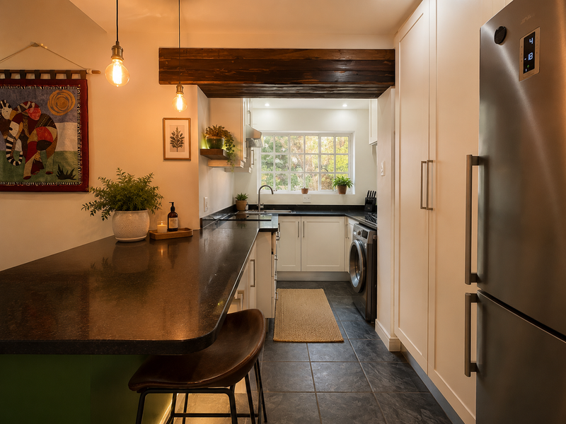 Modern kitchen featuring dark granite countertops, white cabinetry, exposed timber beam detail, and integrated appliances with a breakfast bar area.