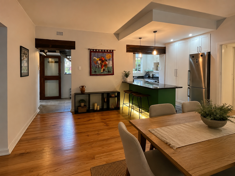 Spacious open-plan living and dining area featuring warm hardwood flooring, a modern kitchen with a central island, and stylish timber beam accents.