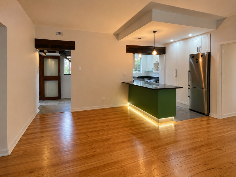 Open-plan living area featuring polished hardwood floors, a modern kitchen island with under-counter lighting, and sleek built-in cabinetry.
