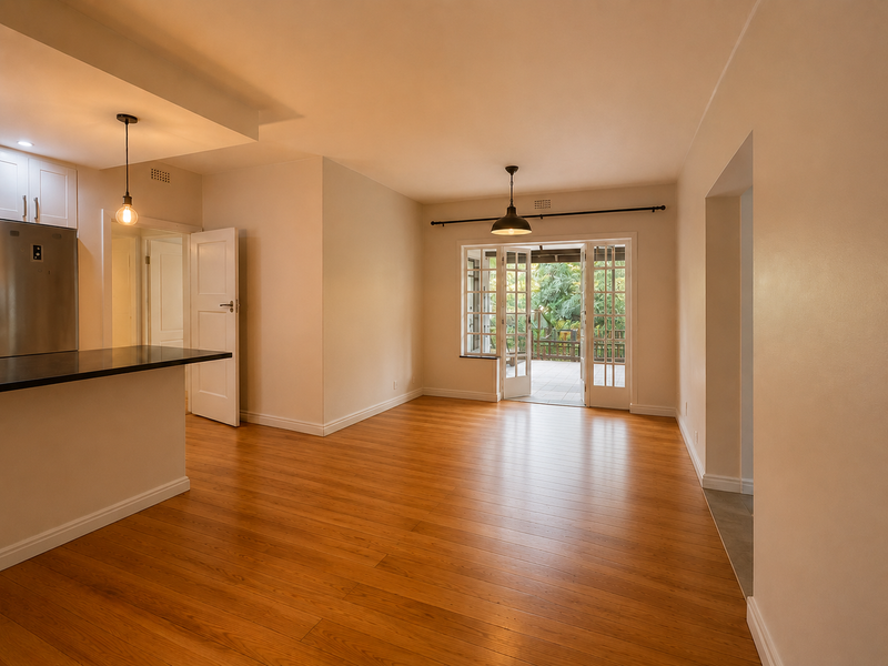 Spacious open-plan living and kitchen area featuring warm laminate flooring, modern pendant lighting, and direct access to an outdoor patio through classic french doors.