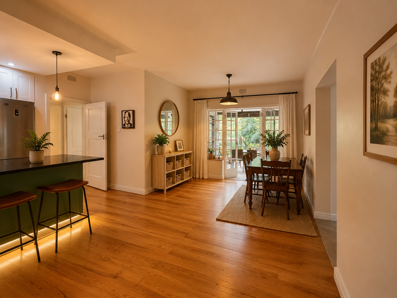 Open-plan living and dining area featuring warm hardwood flooring, a modern kitchen island, and French doors leading to an outdoor patio space.