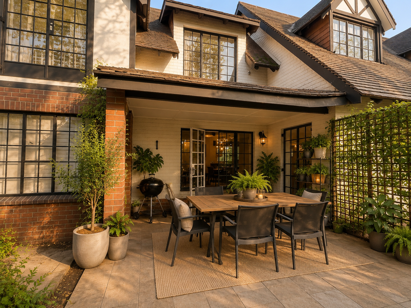 A well-maintained covered patio area featuring tiled flooring, brick accents, and direct access to the interior through classic french doors.