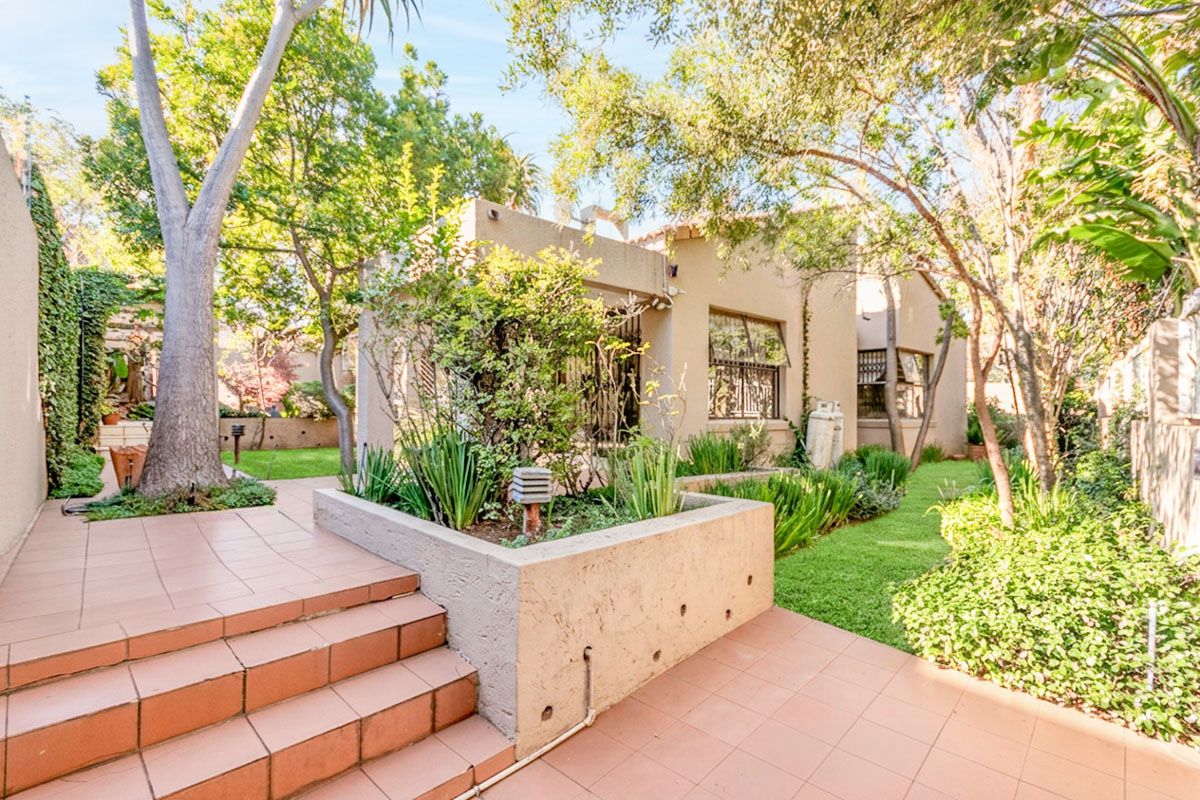 A rear garden view featuring a tiled patio, established trees, and a concrete planter box leading to the main house structure.