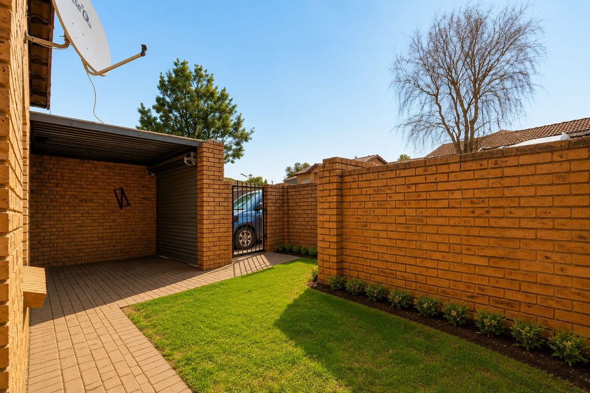 A well-maintained rear exterior area featuring a brick boundary wall, paved driveway, and a covered carport with a small lawn.