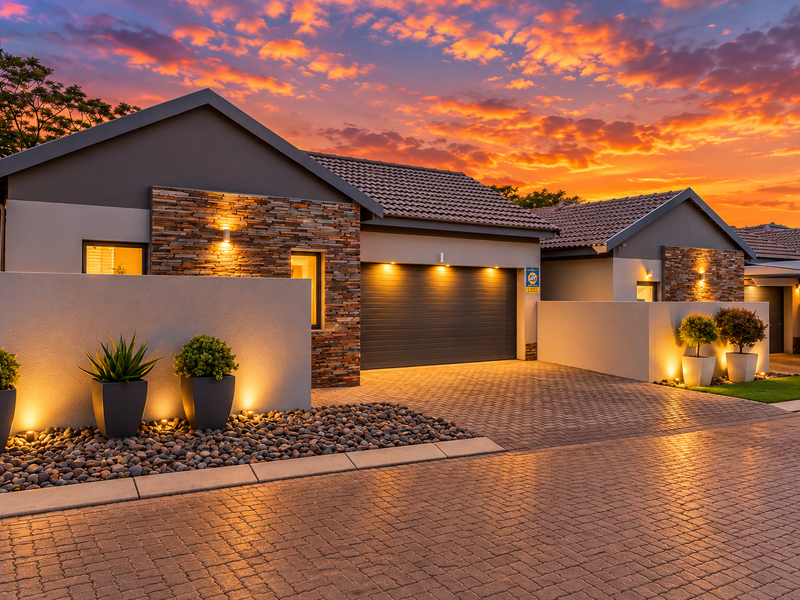 Modern residential front elevation featuring stone cladding, paved driveway, automated garage, and integrated exterior lighting under a vibrant sunset sky.