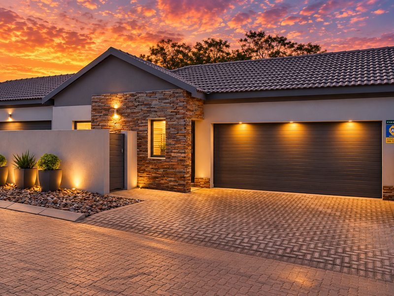 Modern front facade featuring stone cladding, a paved driveway, and an automated garage door, illuminated by warm exterior lighting at sunset.