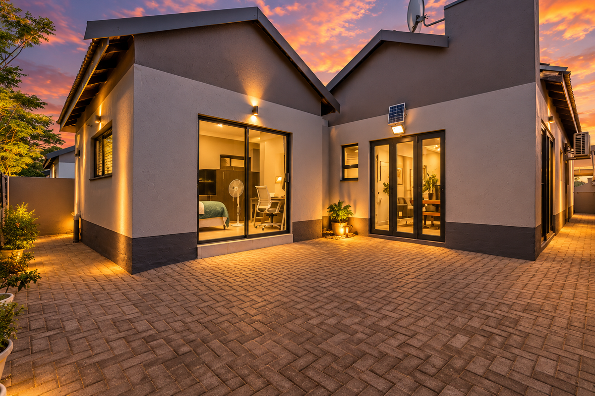A well-maintained rear exterior featuring a paved patio area, modern sliding glass doors, and integrated exterior lighting under a vibrant sunset sky.