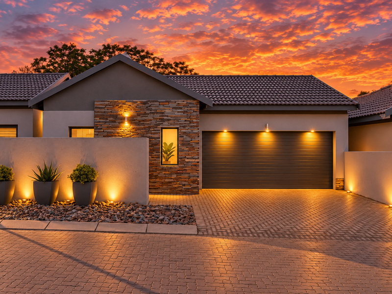 Modern front facade featuring stone cladding, a paved driveway, and integrated exterior lighting under a vibrant sunset sky.