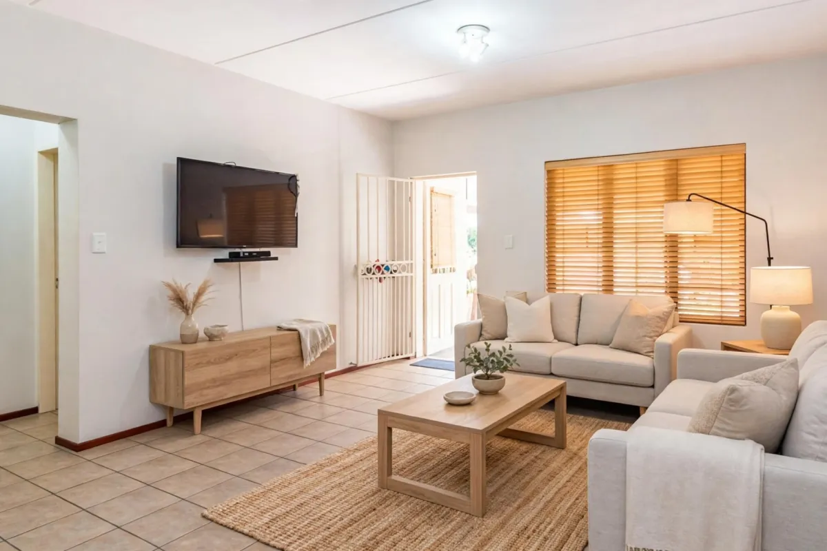 A bright and well-maintained living room featuring neutral tiled flooring, wooden blinds, and a security gate leading to the exterior.