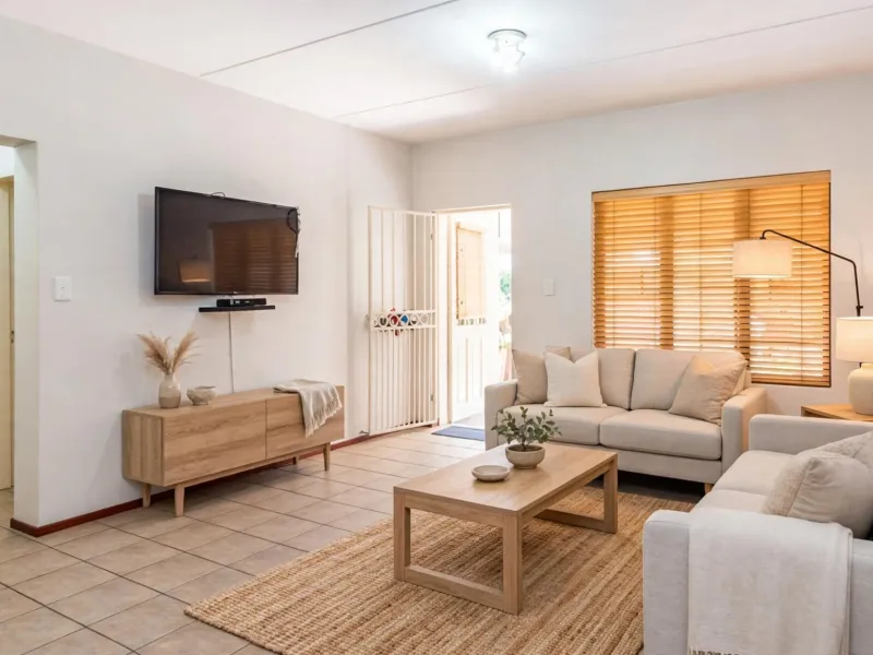 A bright and well-maintained living room featuring neutral tiled flooring, wooden blinds, and a security gate leading to the exterior.