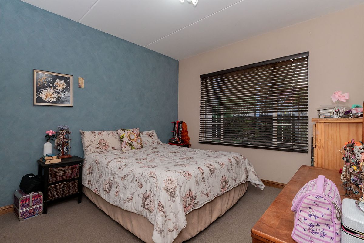 A bedroom featuring carpeted flooring, a blue accent wall, and fitted venetian blinds over the window.