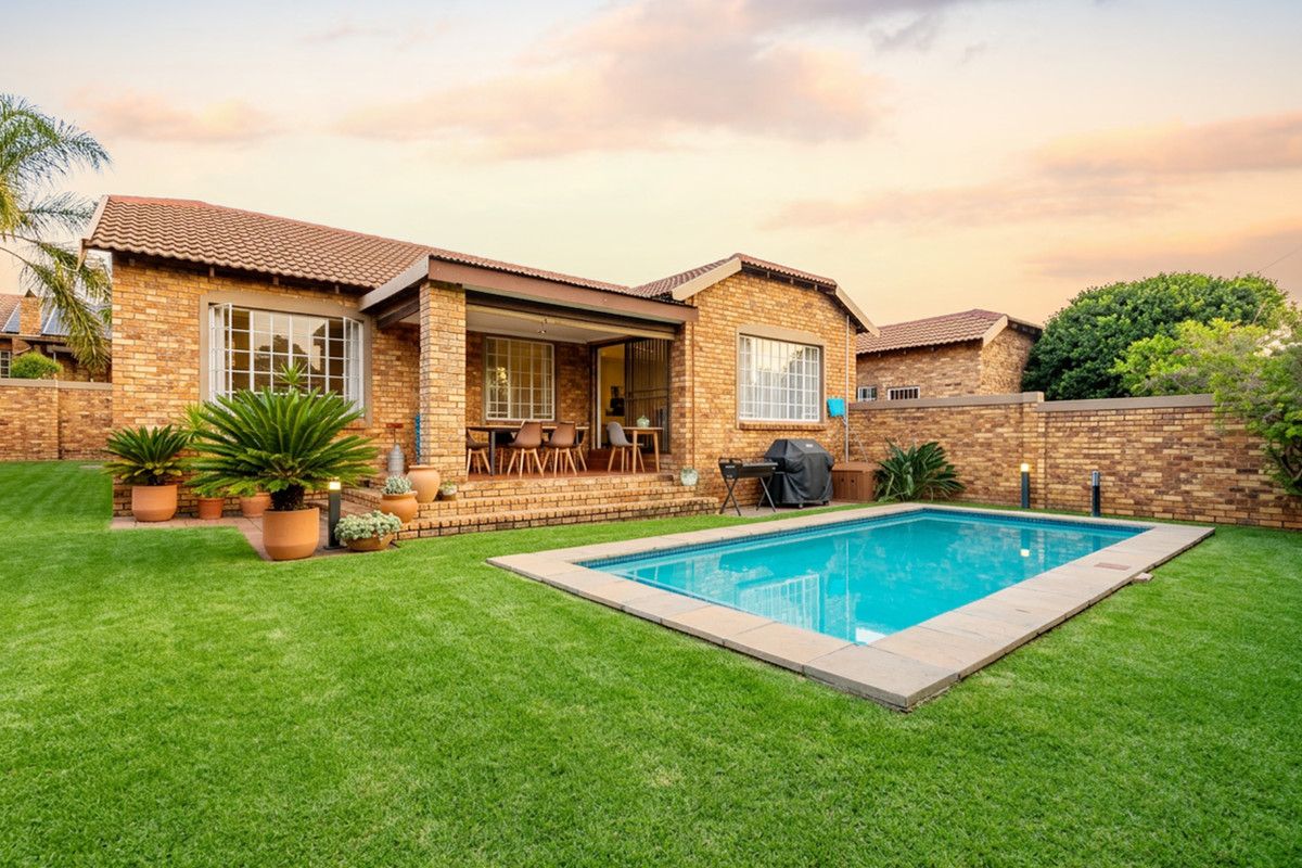 A well-maintained rear exterior view of a brick townhouse featuring a private swimming pool, landscaped lawn, and a covered patio area.