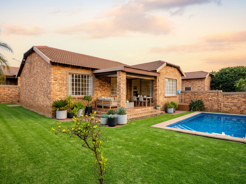 Rear view of a face brick townhouse featuring a covered patio, a private swimming pool, and a well-maintained garden area.