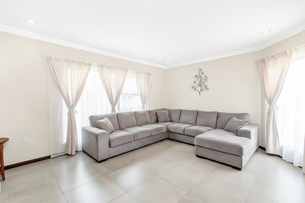 A bright and spacious living room featuring neutral tiled flooring, recessed downlighting, and elegant cornice detailing, creating a clean and inviting atmosphere.