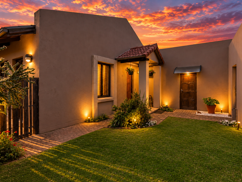 A beautifully presented front entrance featuring a paved walkway, manicured lawn, and warm exterior lighting, creating an inviting and well-maintained facade at sunset.