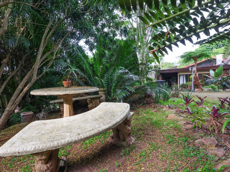 A lush, mature garden featuring stone seating and a paved patio area, offering a tranquil outdoor space with established trees and greenery.