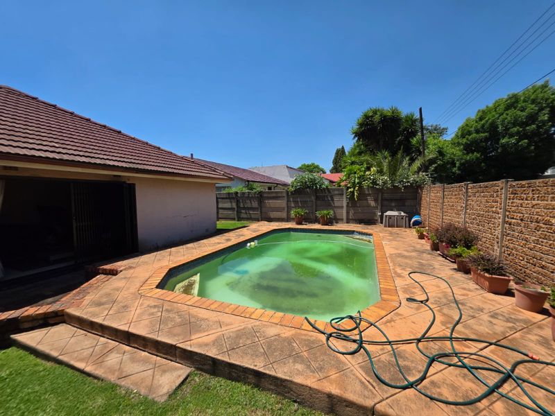 Outdoor pool area featuring a paved patio, brick boundary walls, and a swimming pool requiring maintenance and cleaning.