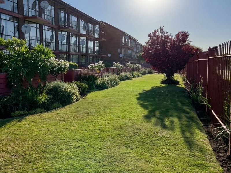 A well-maintained communal garden area featuring a manicured lawn, established landscaping, and metal perimeter fencing adjacent to a multi-story apartment building.