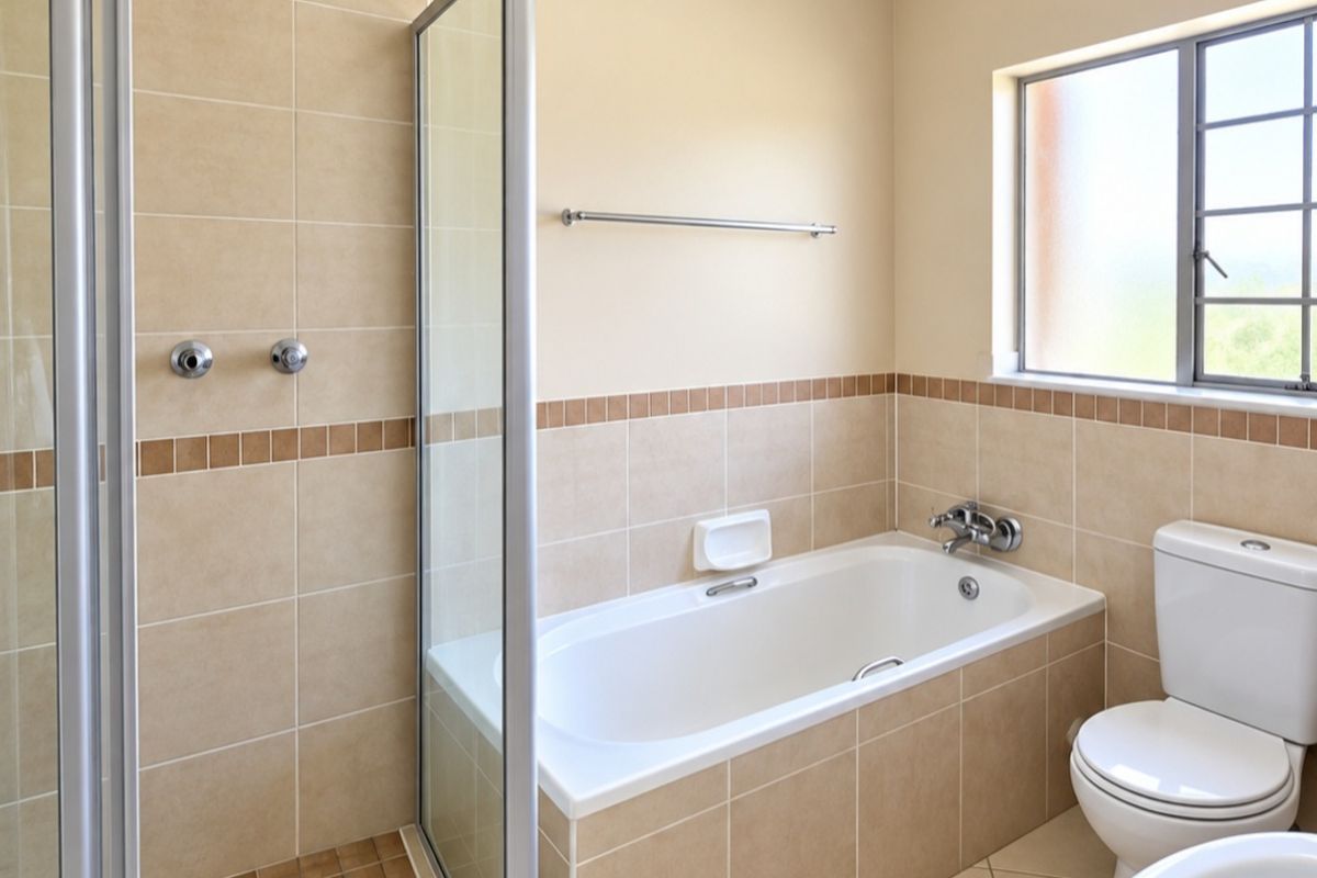 A clean, well-maintained bathroom featuring a separate shower enclosure, a built-in bathtub, and neutral tiled finishes throughout.