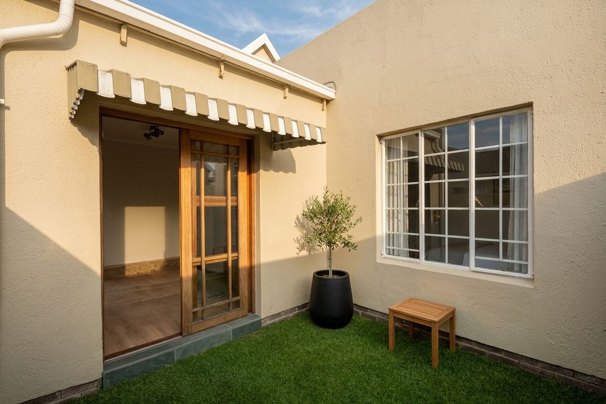 A private rear courtyard featuring a small lawn, a retractable striped awning over the wooden sliding door, and a large window with security bars.