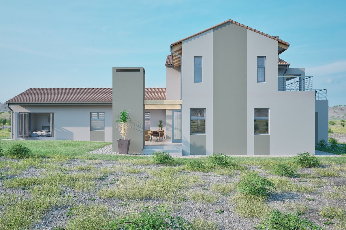 A modern two-story residential exterior featuring a tiled roof, neutral facade, and a covered patio area overlooking a natural landscape.