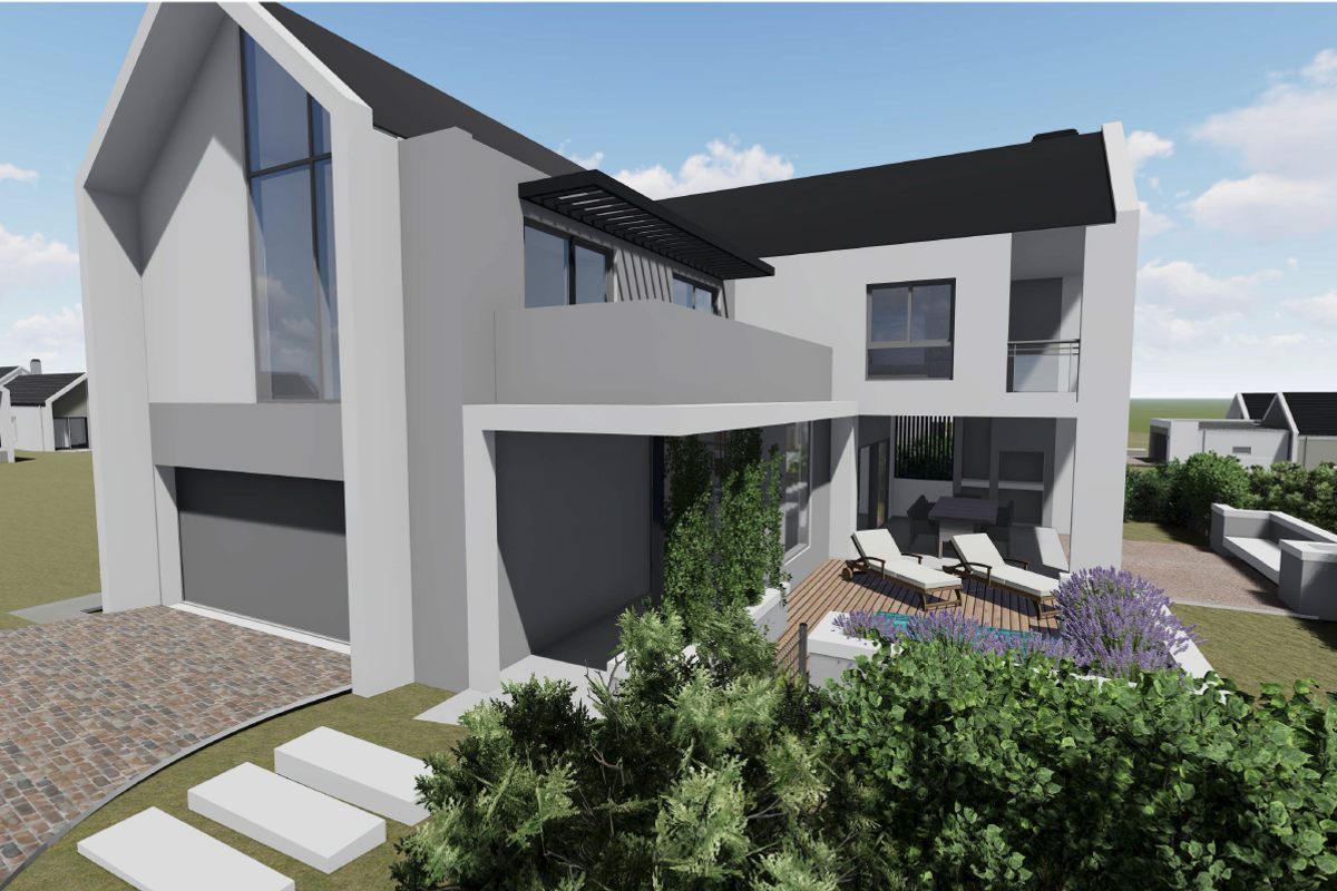 A 3D architectural rendering of a modern residential property featuring a paved driveway, attached garage, and a rear patio area with landscaping.