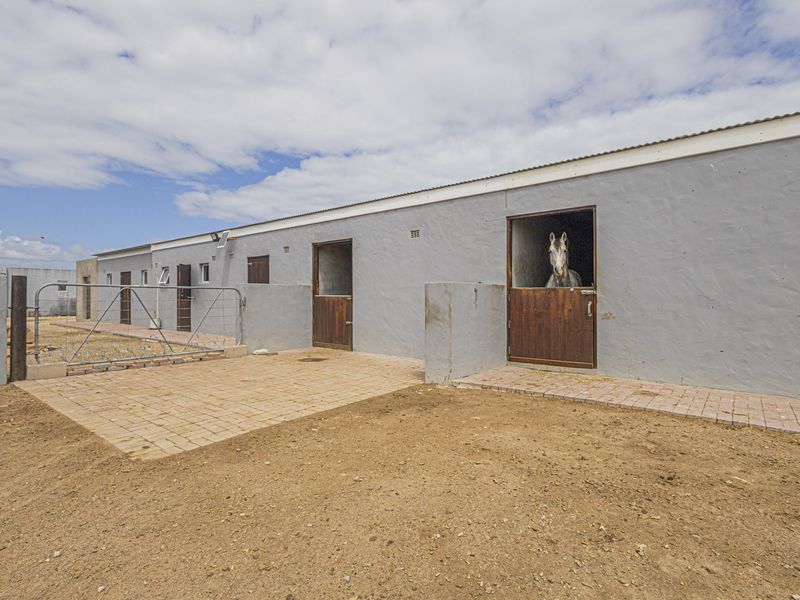 A functional stable block featuring multiple stalls with wooden doors, a paved exterior walkway, and metal fencing on a rural property.