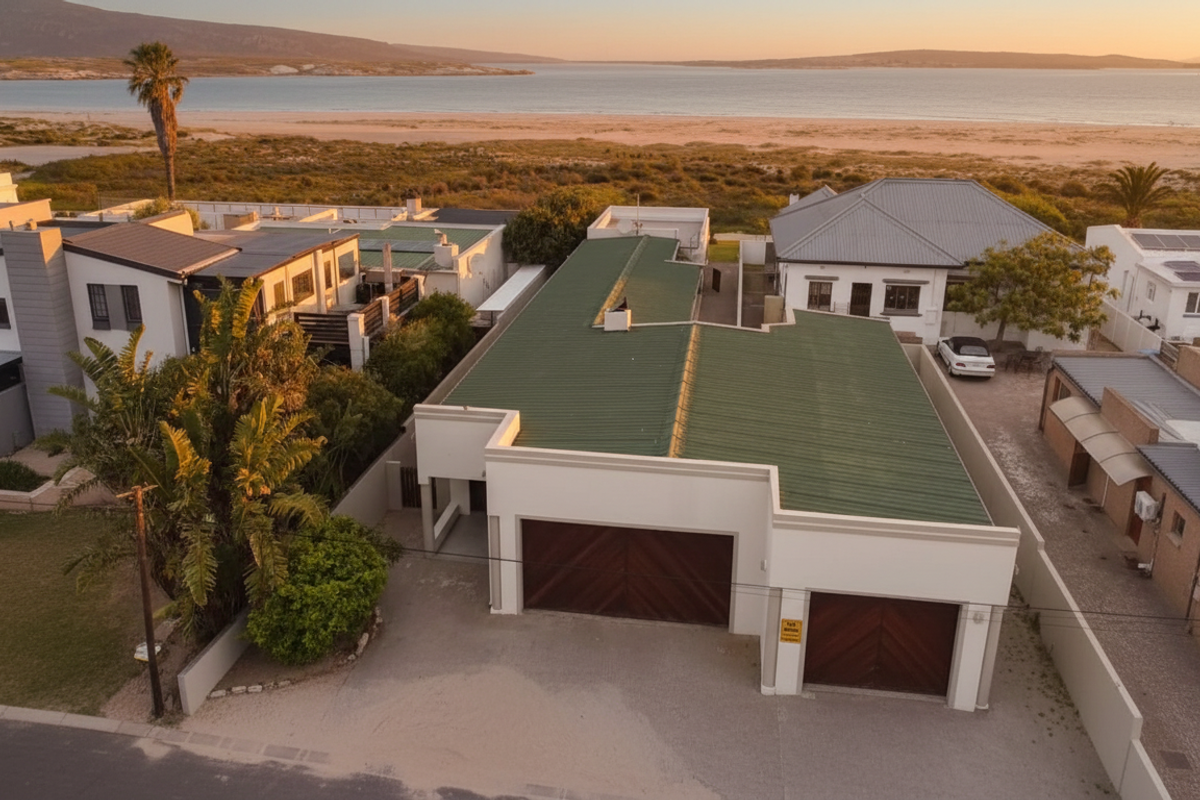 Aerial view of the property featuring a double garage with wooden doors, a green metal roof, and proximity to the coastline.