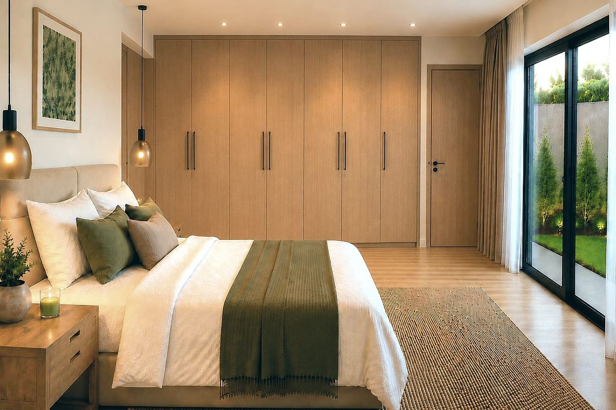 A modern, well-lit bedroom featuring extensive floor-to-ceiling built-in wooden cabinetry, recessed ceiling lighting, and large sliding glass doors opening to a private garden.
