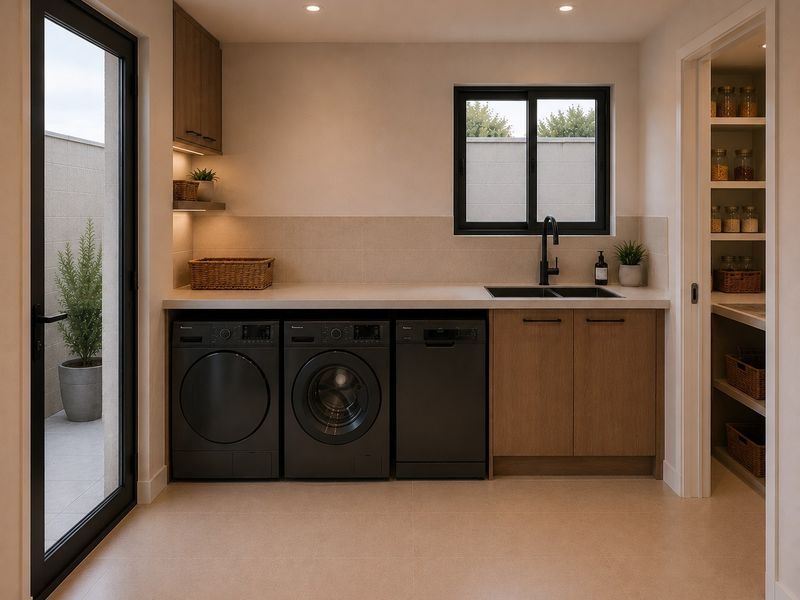 Modern laundry room featuring sleek cabinetry, integrated appliances, a double sink with matte black fixtures, and an adjacent walk-in pantry.