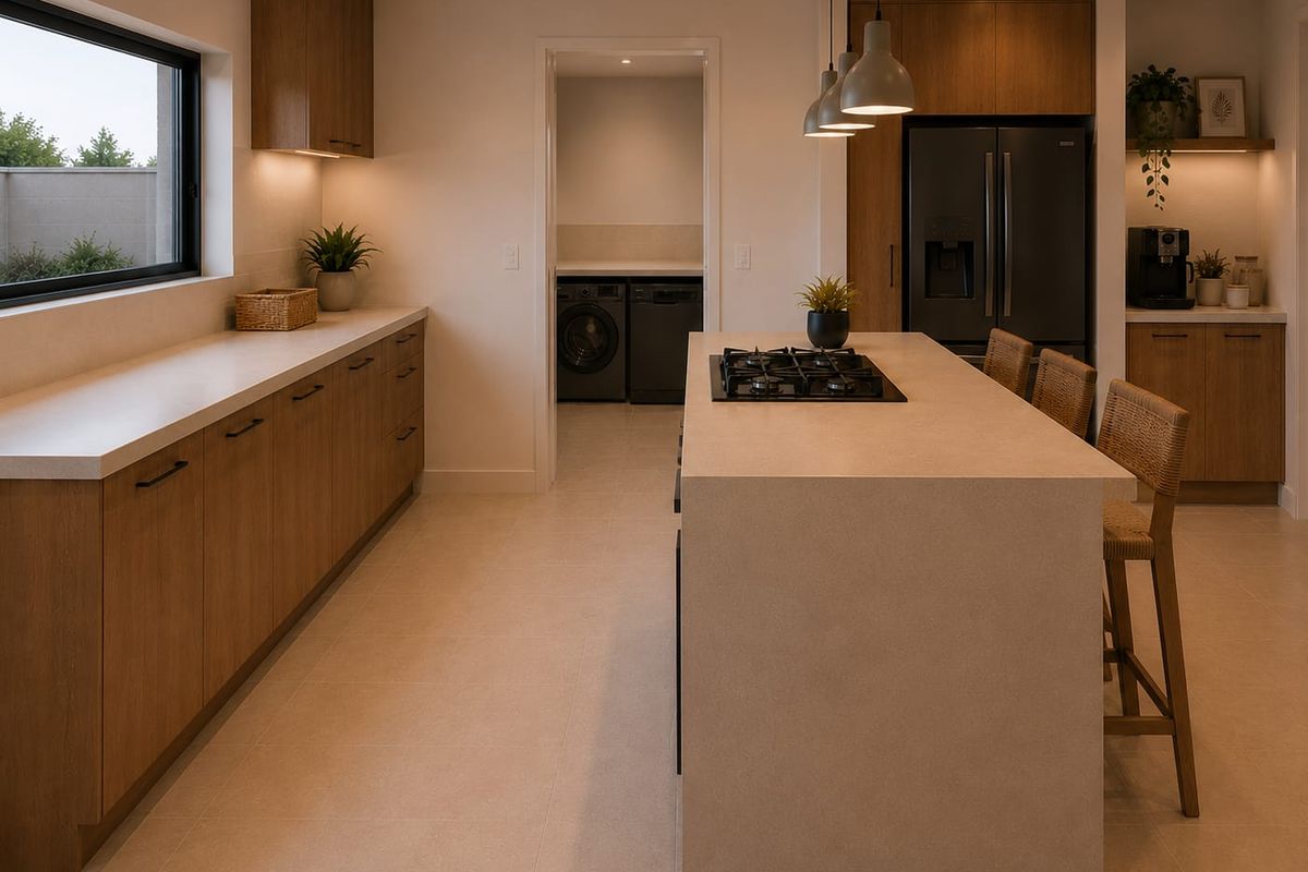 Modern kitchen featuring wood-grain cabinetry, stone countertops, a central island with a built-in gas cooktop, and an adjacent laundry room.