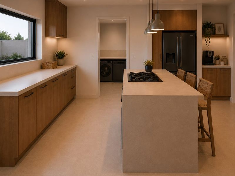 Modern kitchen featuring wood-grain cabinetry, stone countertops, a central island with a built-in gas cooktop, and an adjacent laundry room.