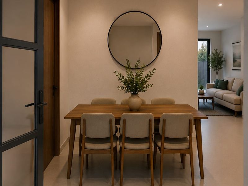 A modern, open-plan dining area featuring neutral tiled flooring, recessed ceiling lighting, and a sleek glass-panelled door leading into the space.