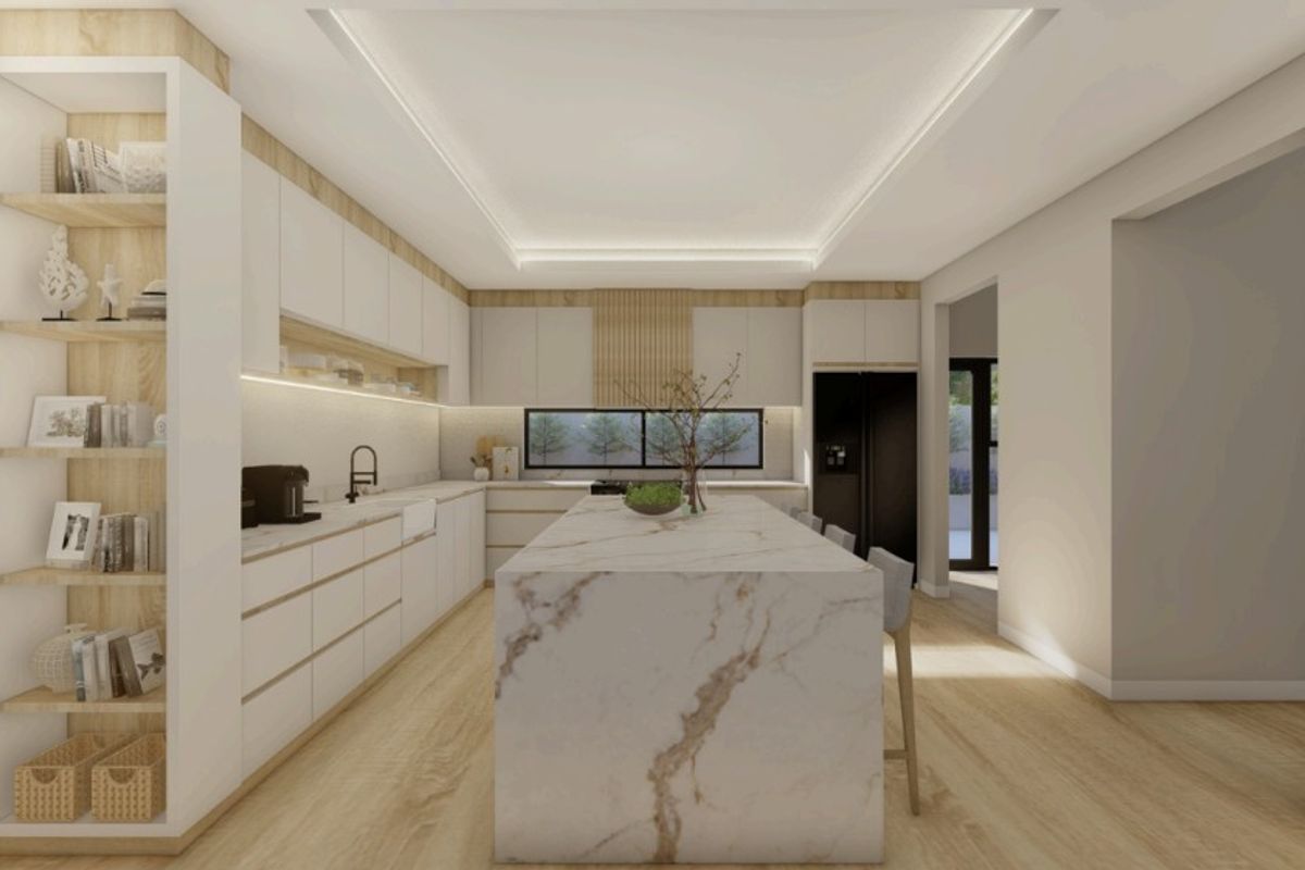 Modern kitchen featuring a large marble-topped island, sleek cabinetry, integrated appliances, and recessed ceiling lighting.