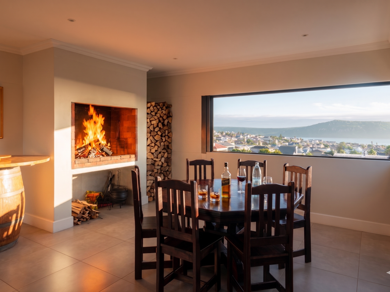 A well-appointed living area featuring a built-in fireplace, tiled floors, and expansive windows offering scenic coastal views.