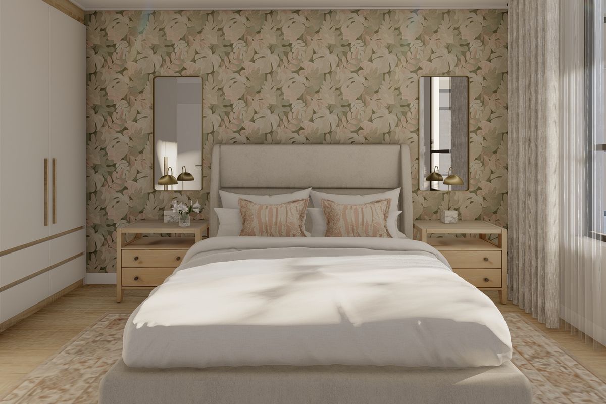 A well-appointed bedroom featuring built-in wardrobes, patterned wallpaper, and timber flooring, creating a warm and inviting atmosphere.