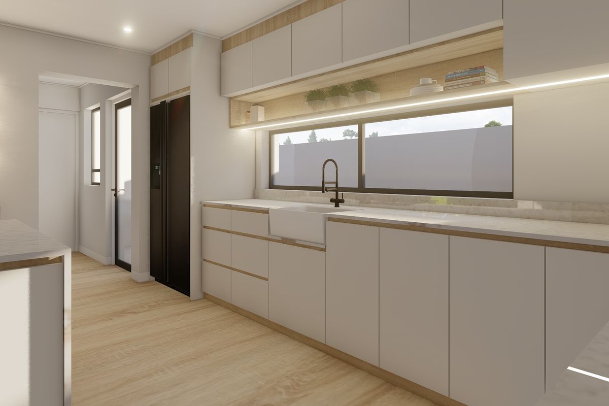 A modern, minimalist kitchen featuring clean lines, integrated cabinetry, stone countertops, an apron-front sink, and warm under-cabinet lighting.