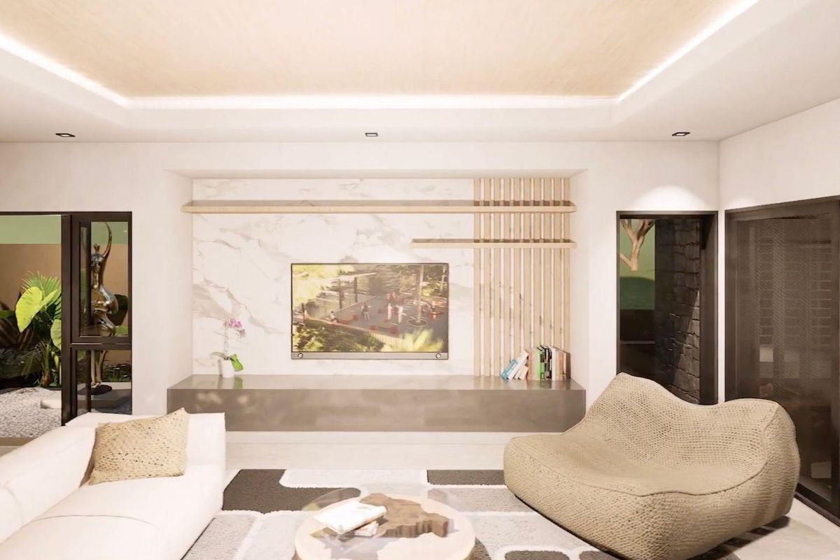 Modern living room featuring a marble-clad feature wall, recessed ceiling lighting, and large sliding glass doors providing seamless access to the outdoor area.