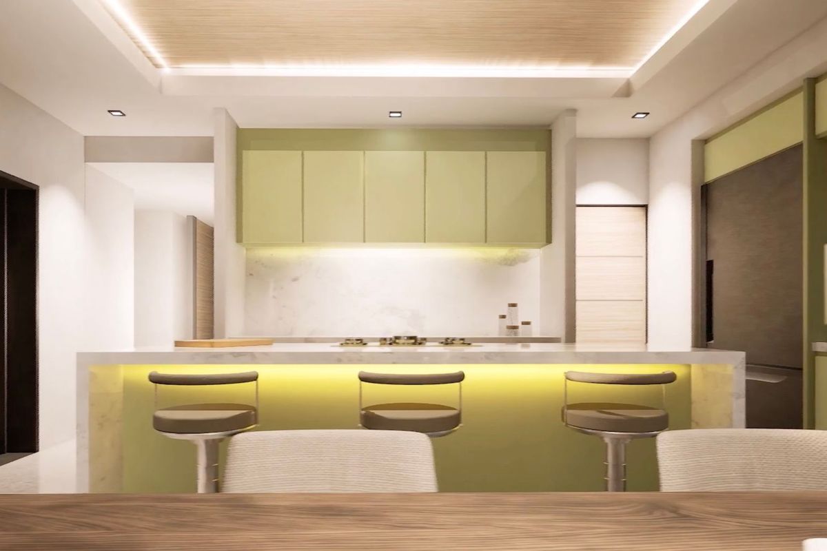 Modern kitchen featuring sage green cabinetry, marble-topped island with integrated hob, and recessed ceiling lighting.